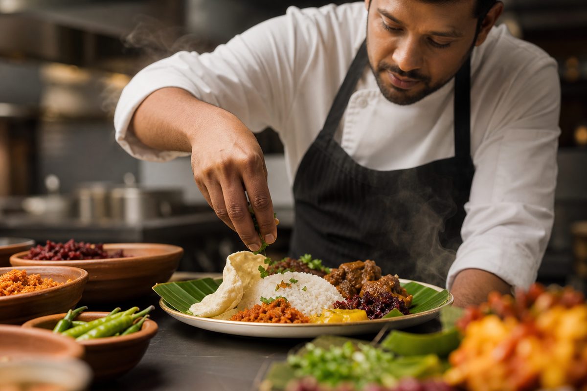 A chef plating rice and curry in a restaurant kitchen