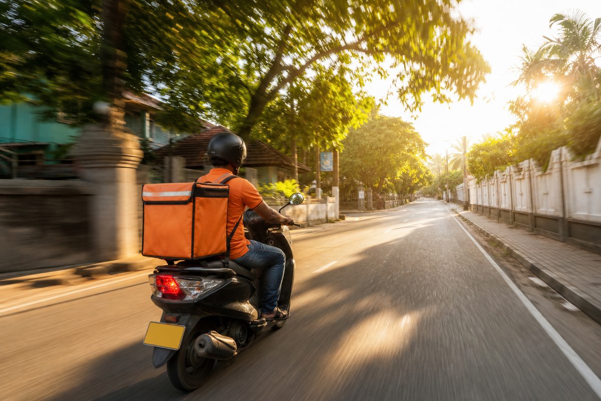 A Flazo rider with an orange delivery box riding down a tree-lined road