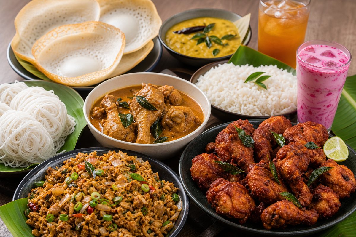 A table of Sri Lankan dishes: hoppers, string hoppers, chicken curry, fried chicken, rice and dhal